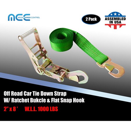 Tie 4 Safe 2" x 8' Off-Road Ratchet Tie Down Strap w/Snap Hook Auto Hauler Tow Truck Green, 2PK RT47-8-GR-C-2